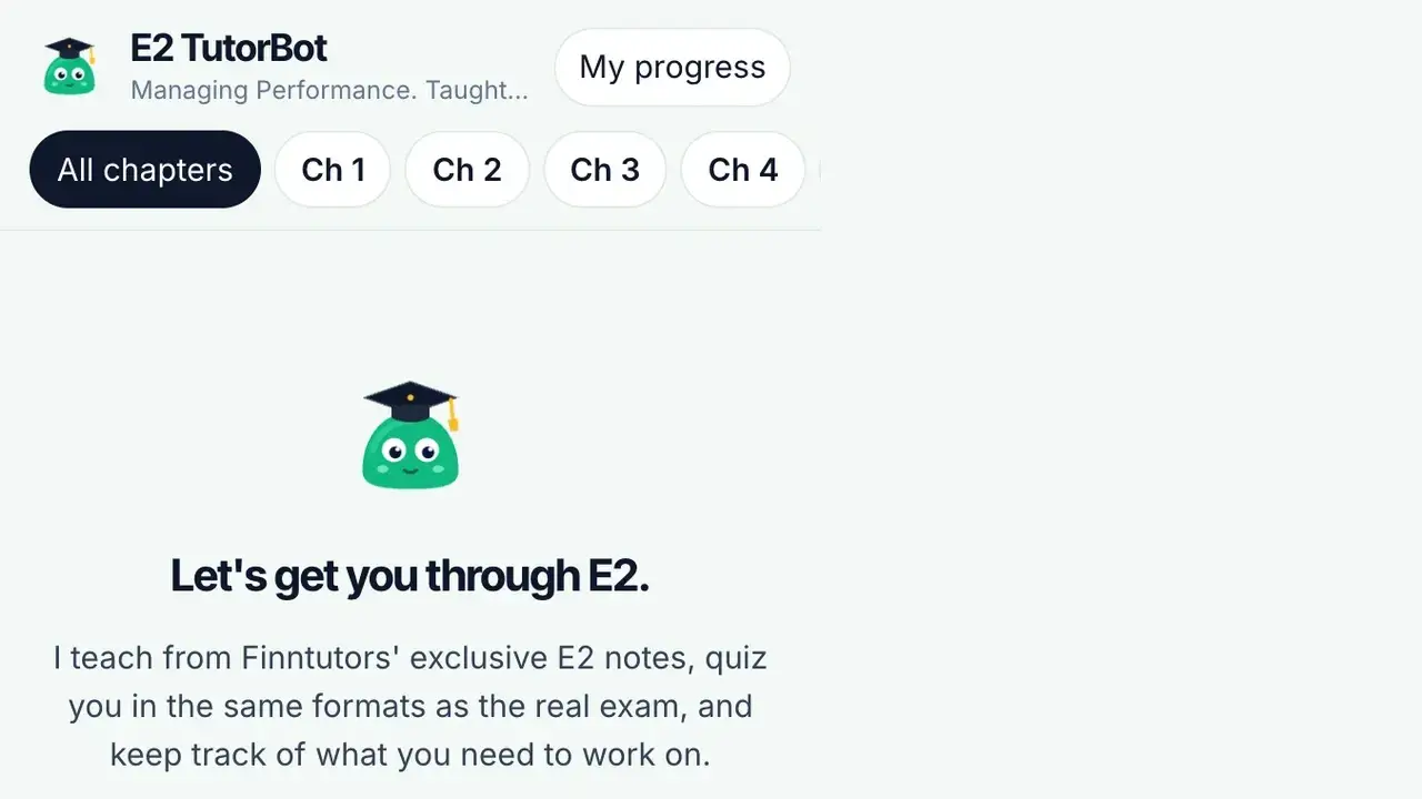 E2 TutorBot home screen with Teach me, Quiz me, Mini test and Mock exam