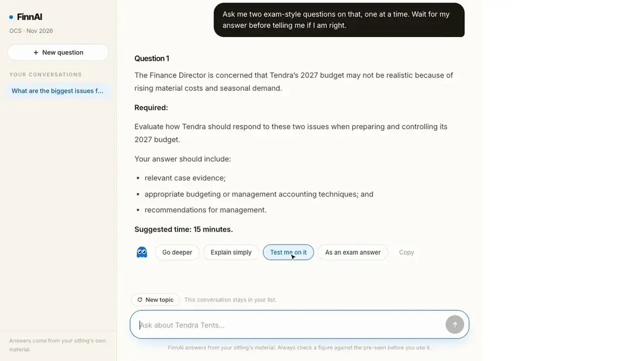 FinnAI setting an exam-style question on Tendra's 2027 budget, for the November 2026 Operational Case Study