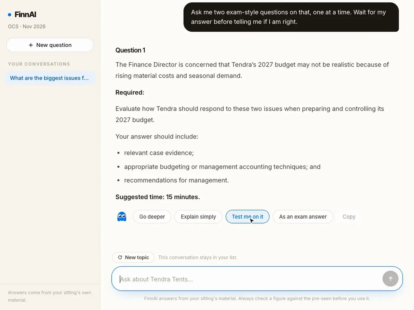 FinnAI setting an exam-style question on Tendra's 2027 budget, with a suggested time of 15 minutes