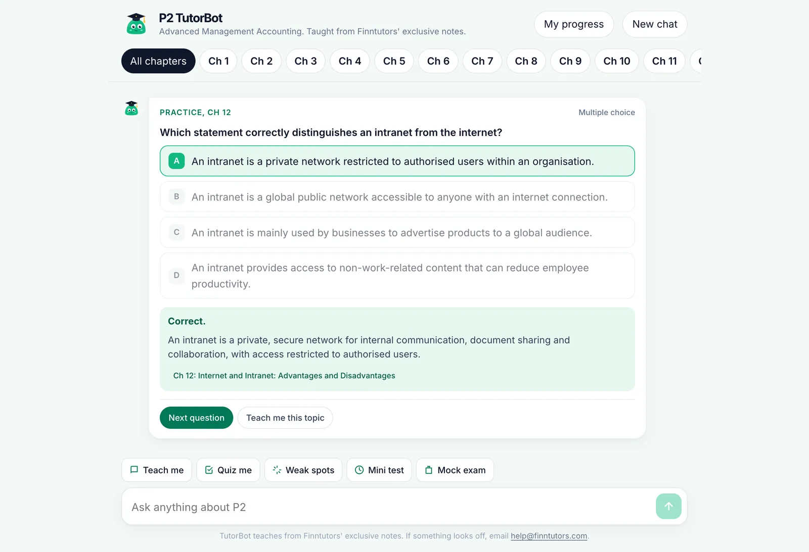 A marked TutorBot question: the reason it is right and the chapter it comes from
