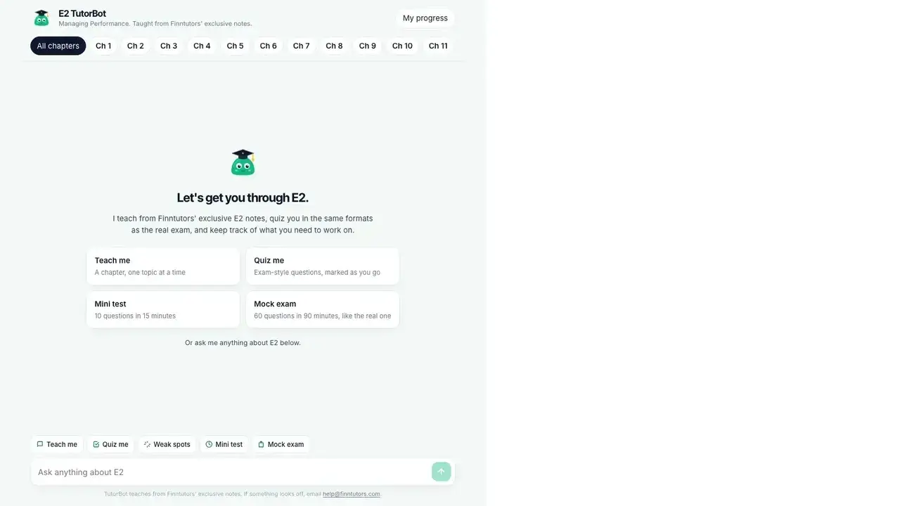 E2 TutorBot home screen with Teach me, Quiz me, Mini test and Mock exam
