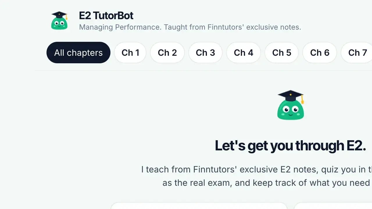 E2 TutorBot home screen with Teach me, Quiz me, Mini test and Mock exam