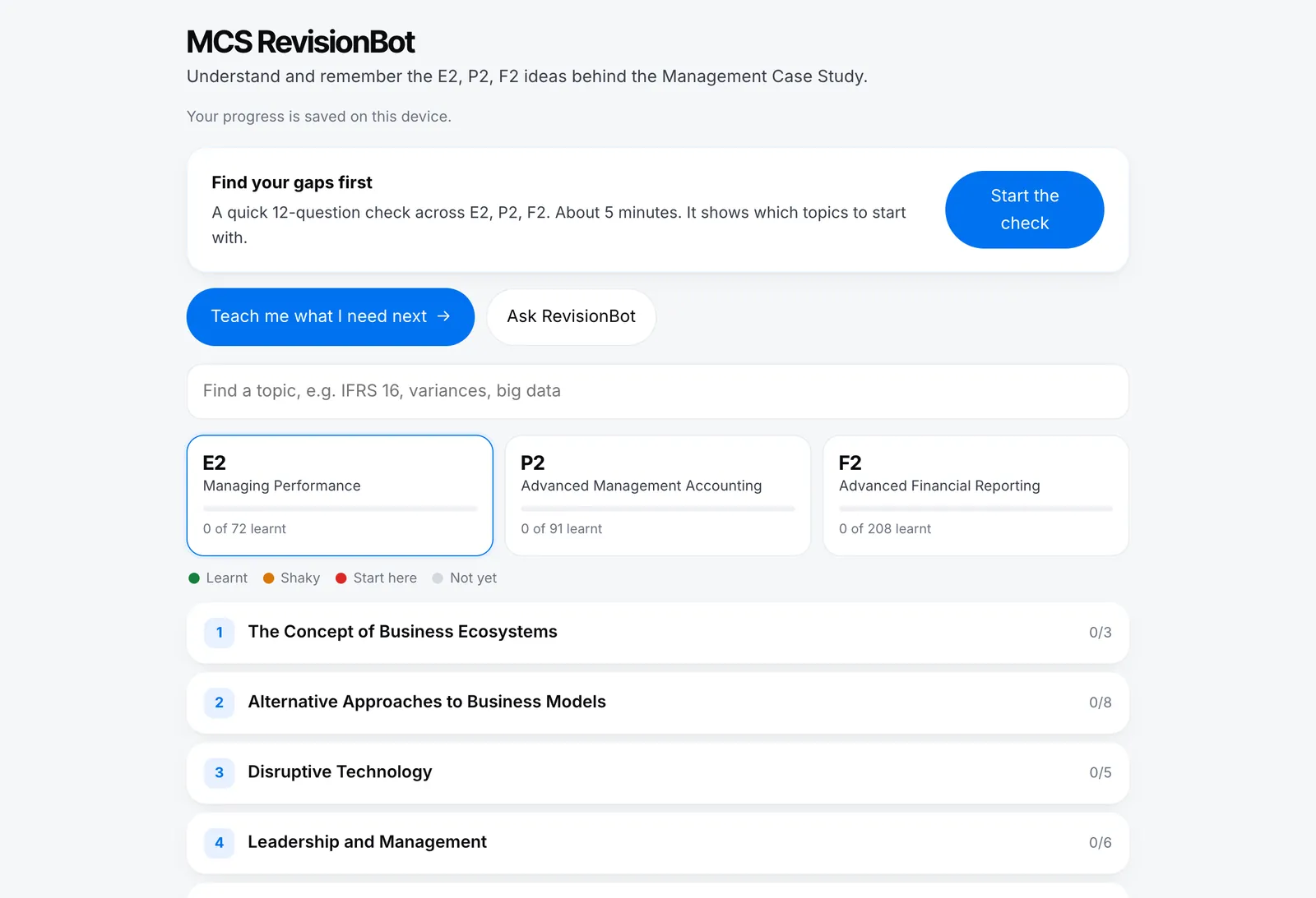 MCS RevisionBot: a 12-question starting check, then every topic marked learnt, shaky, start here or not yet