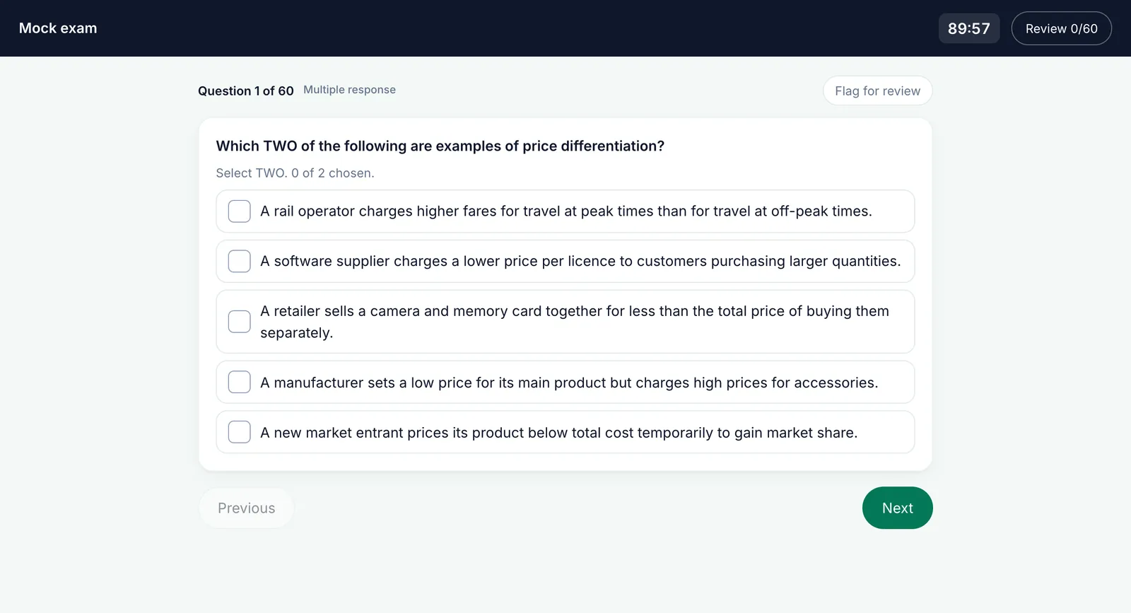 TutorBot's mock exam: 60 questions, a 90-minute timer, flag for review and a review grid