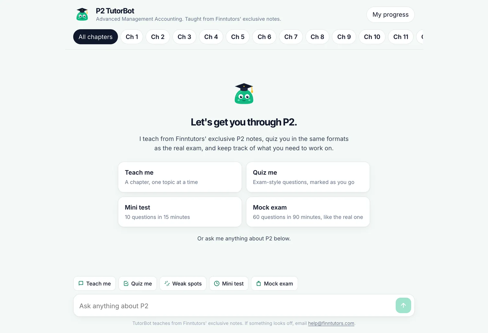 TutorBot for P2, with its five modes and a row of chapters to focus on