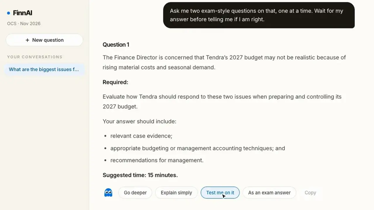 FinnAI setting an exam-style question on Tendra's 2027 budget, for the November 2026 Operational Case Study