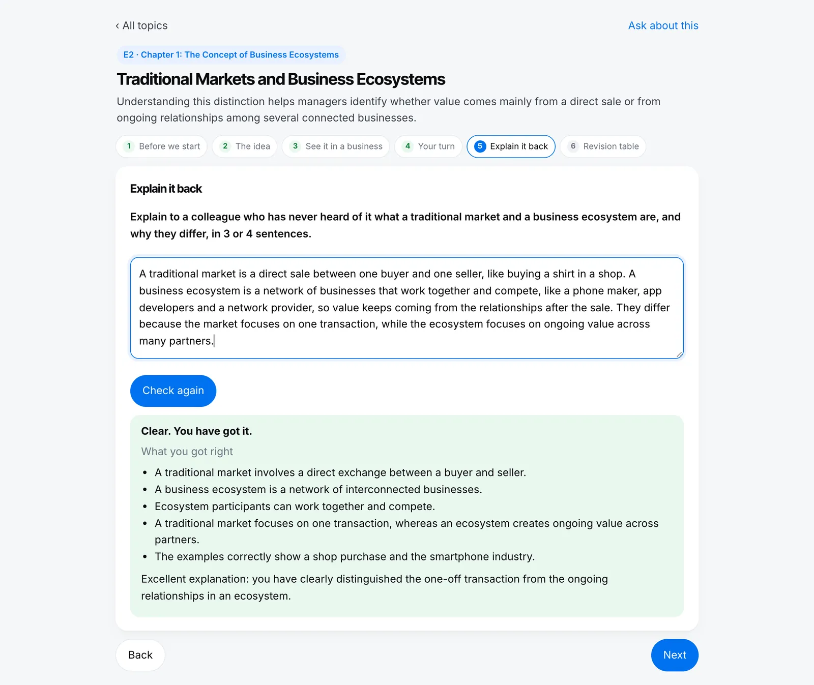 RevisionBot's feedback on a written explanation: what was right, and why it works