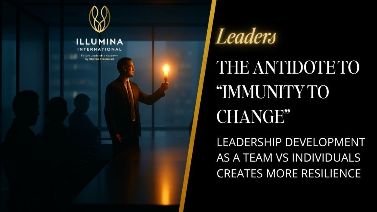 Illustration showing a single enlightened leader standing before a resistant leadership group, symbolizing why collective transformation is required for real change.