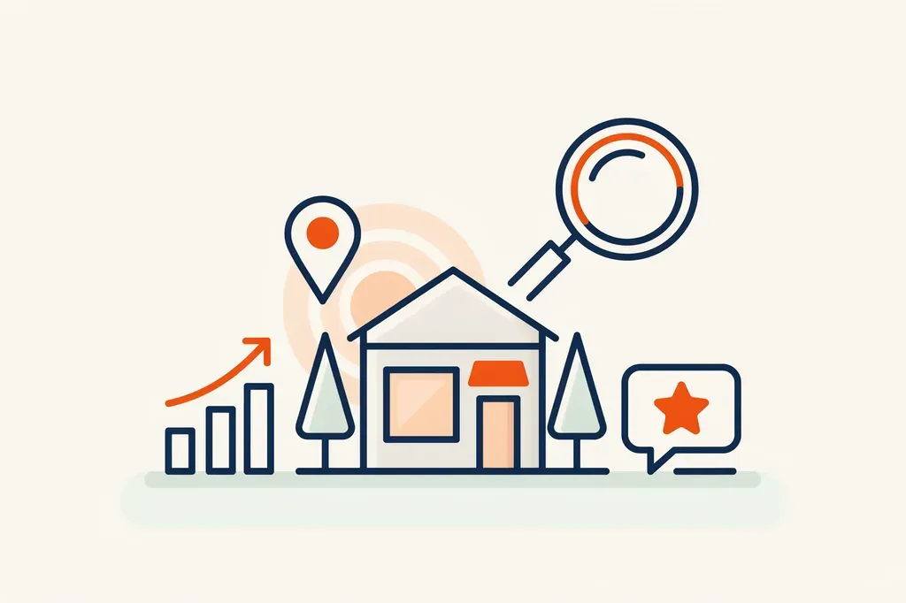 Illustration of a thriving small business storefront being discovered through search, maps, reviews, and AI recommendations