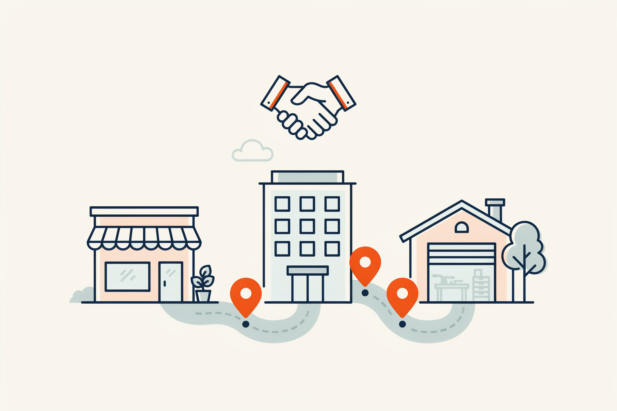 Illustration of varied small business storefronts connected by a path with map pins