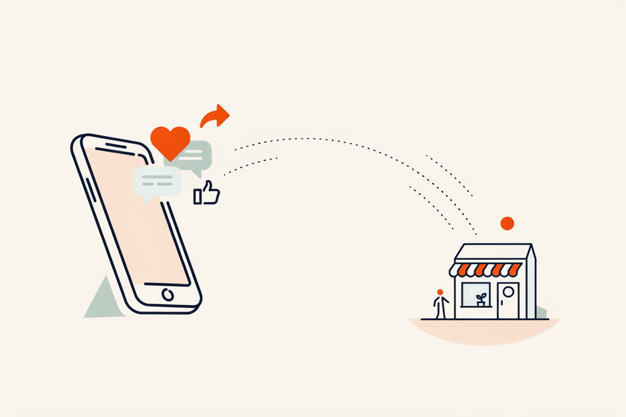 Illustration of a smartphone with social engagement icons connecting to a local storefront