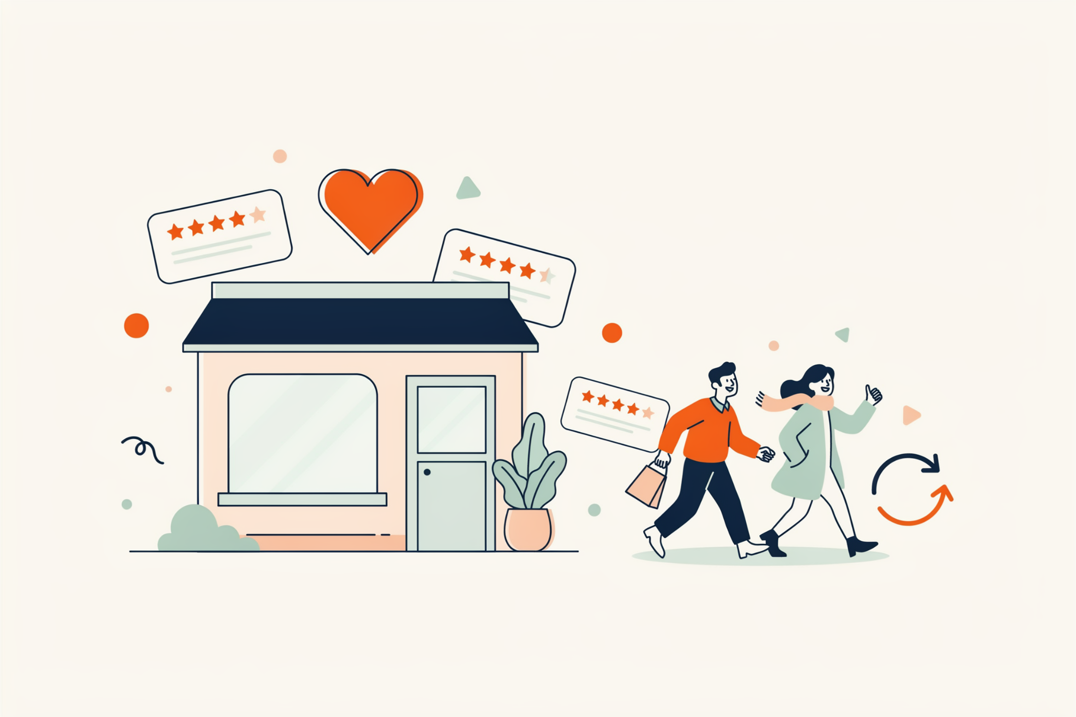Illustration of happy customers leaving five-star reviews around a local storefront