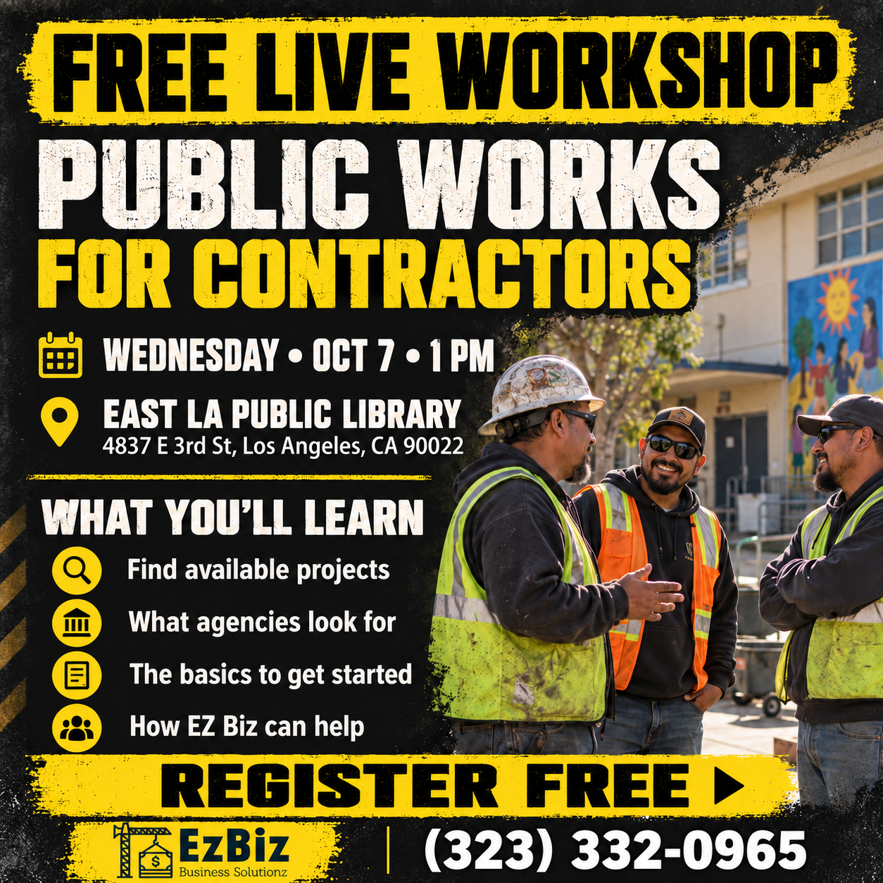 Free bilingual public works workshop for contractors, October 7 at 1 PM, East Los Angeles Library