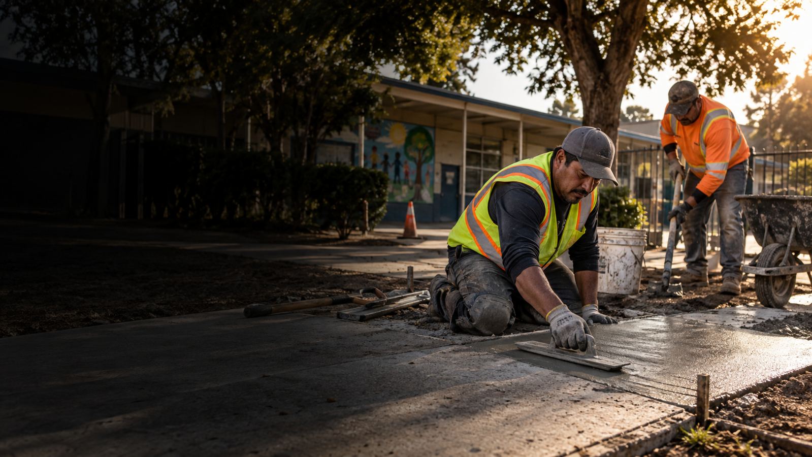 Small contractor crew repairing a sidewalk at a neighborhood school