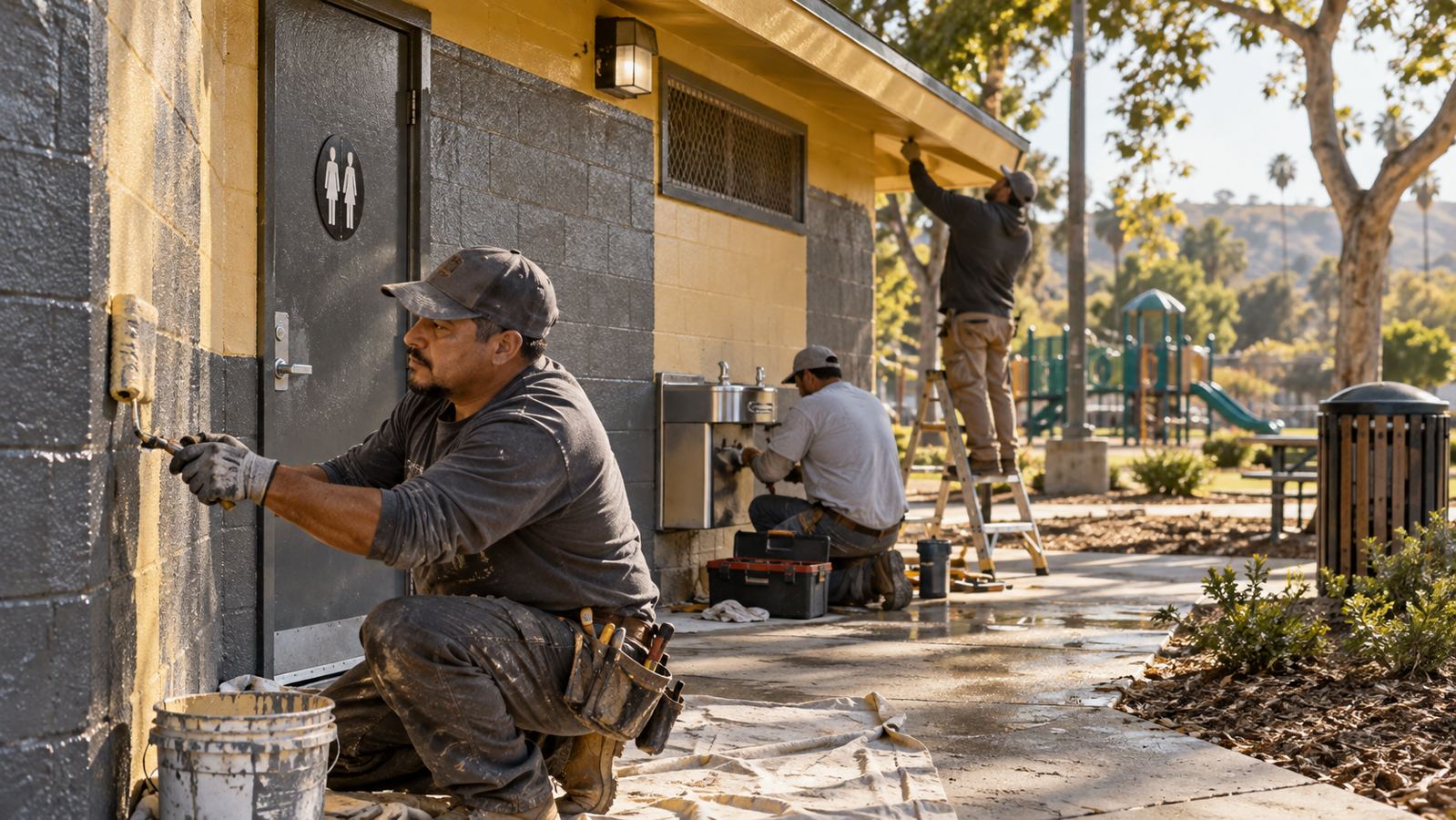 Small contractor crew repairing a neighborhood park facility