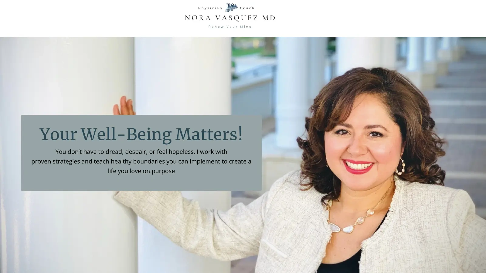 Picture of Nora in white blazer with program title