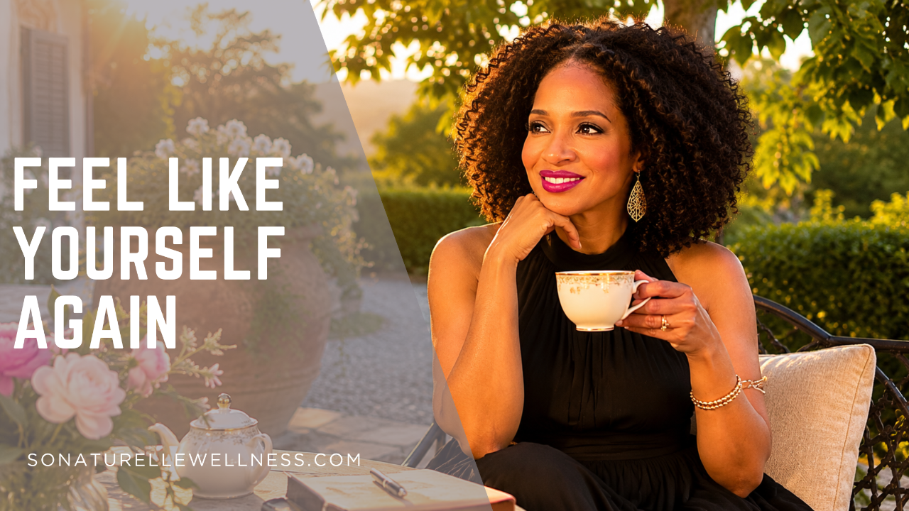 Woman sitting at a garden table with tea, enjoying a quiet moment of reflection and reconnecting with herself.