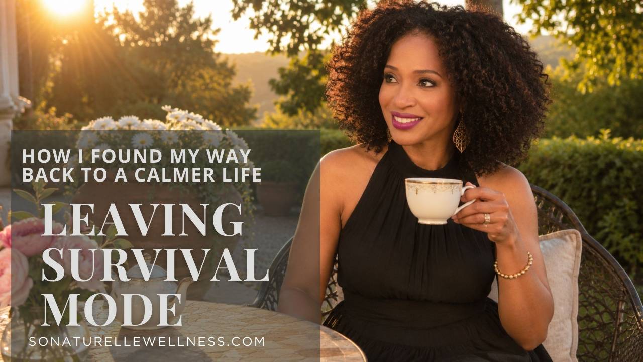 middle age woman drinking tea on patio feeling calm