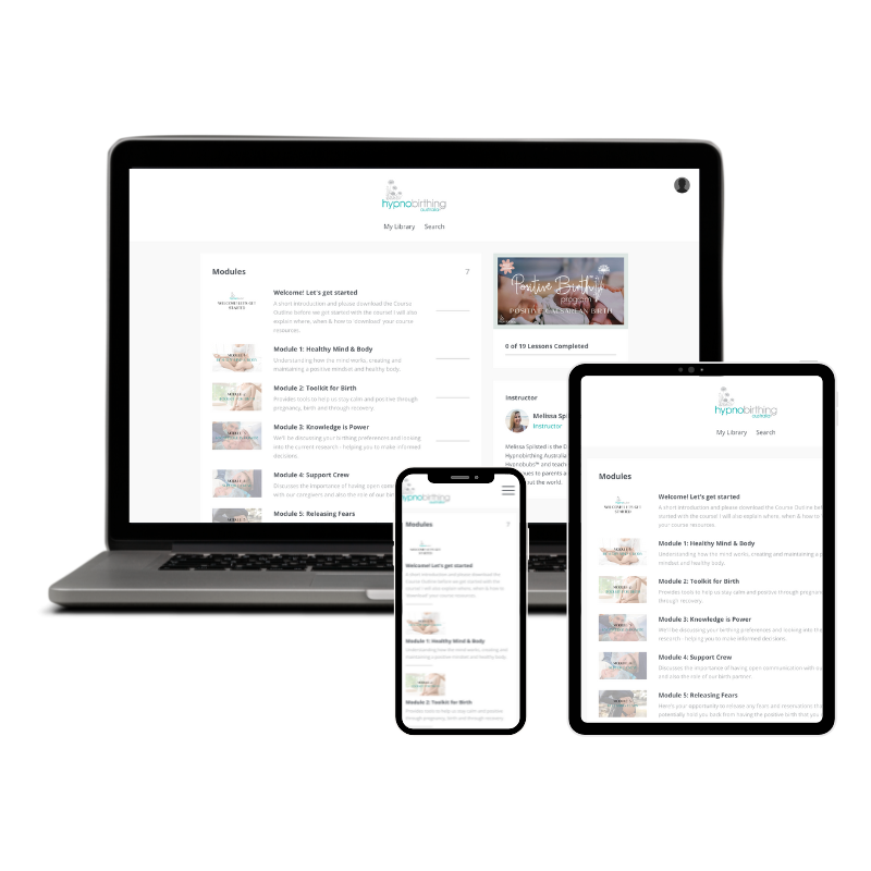 Hypnobirthing Australia™ Positive Caesarean Birth Program Online Childbirth Classes displayed on laptop, phone and tablet