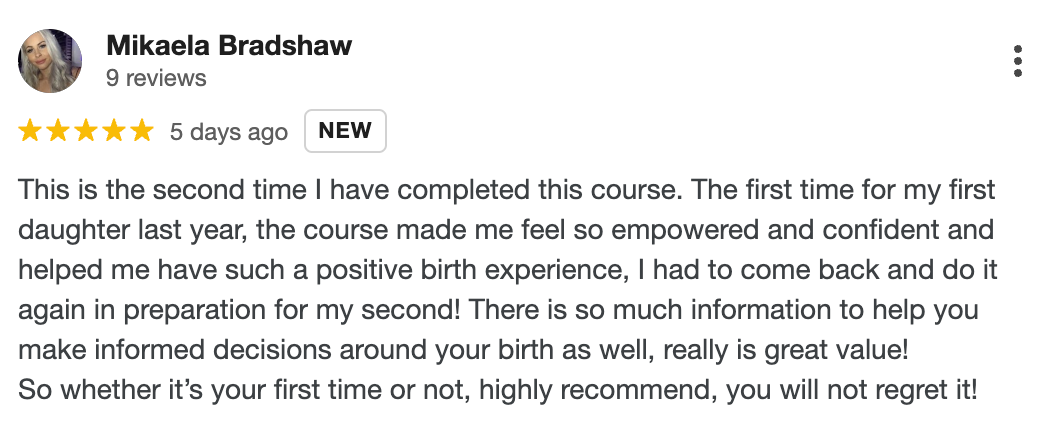 Mikaela Bradshaw 5-star review of the Positive Birth Program Online Course