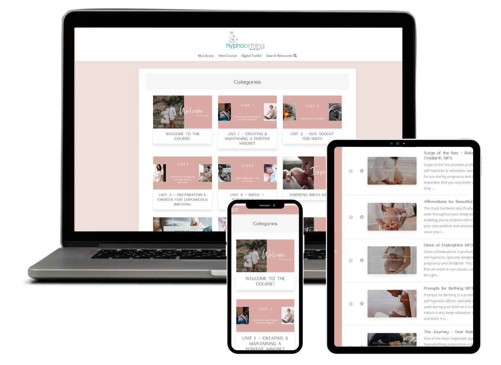 Hypnobirthing Australia™ Positive Birth Program Online Childbirth Classes displayed on laptop, phone and tablet