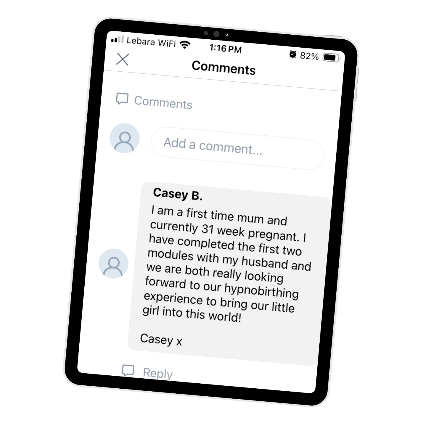Comments section of the Positive Birth Program Online Course displayed on tablet.