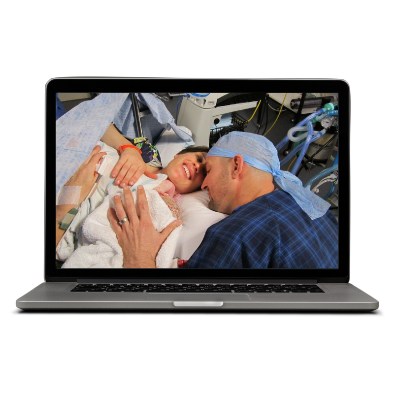 Laptop screen displaying Hannah in birth pool and Garth supporting her using hypnobirthing techniques