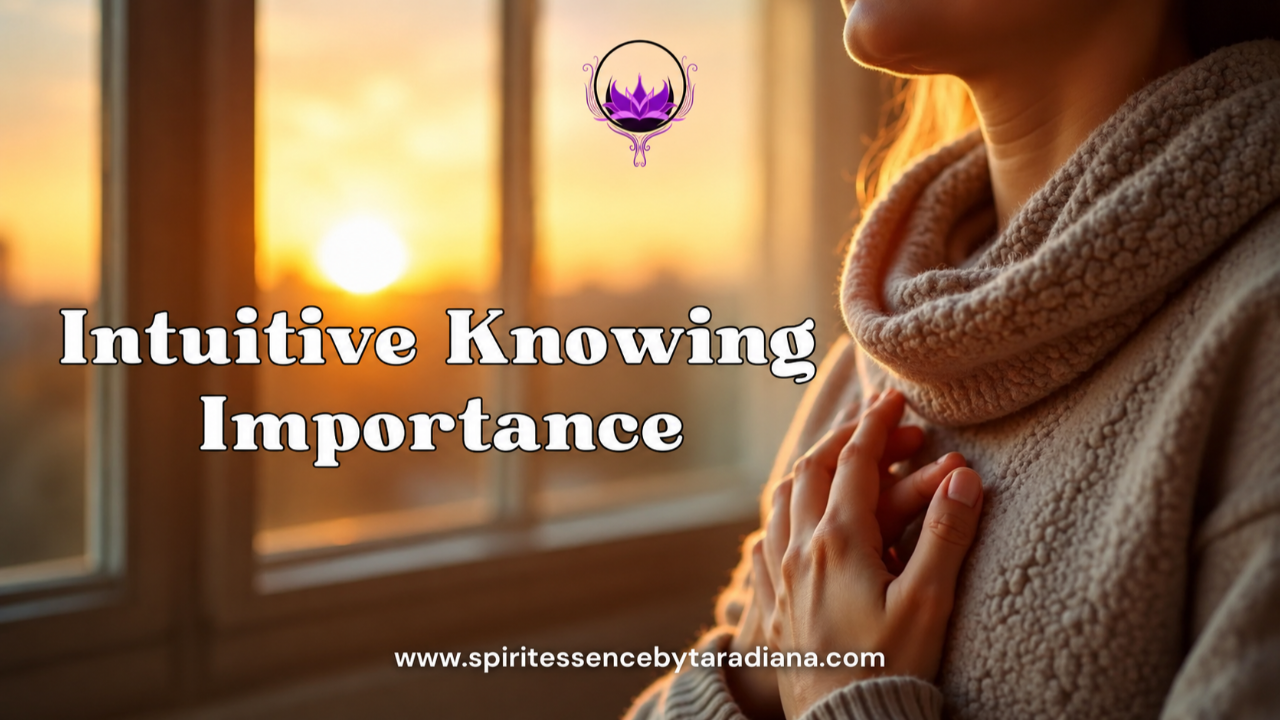A peaceful close-up of a person holding their hands near their heart in warm sunlight with the words “Intuitive Knowing Importance” overlaid.