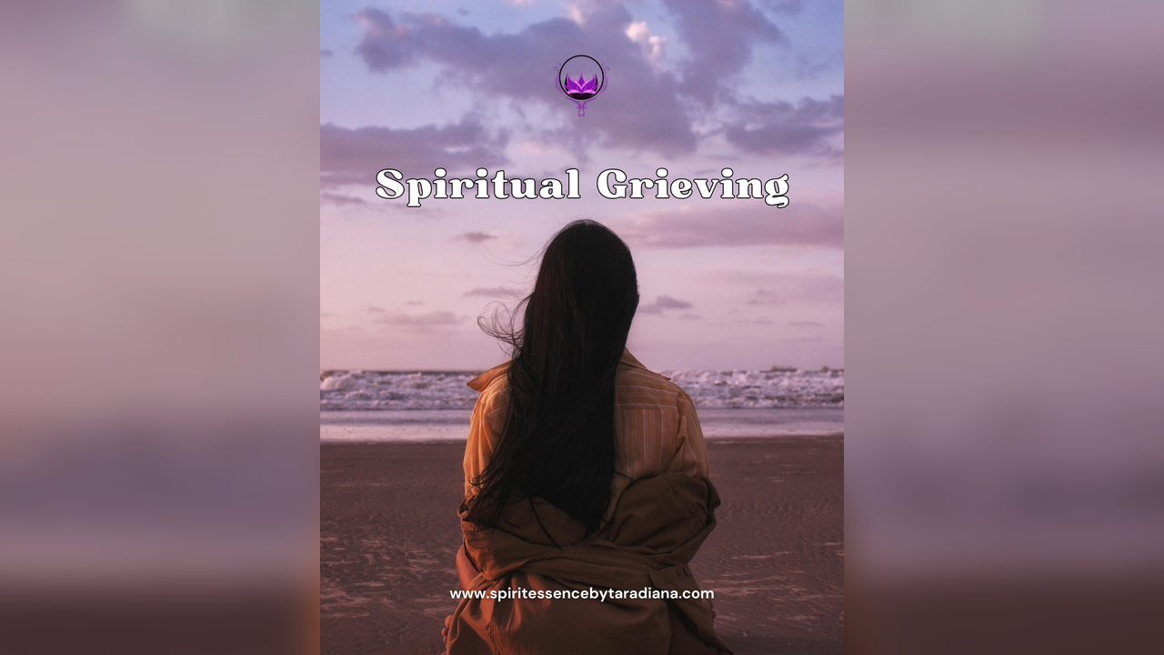 Person sitting alone on a beach at sunset, facing the ocean, with the words “Spiritual Grieving” on the image for a Spirit Essence blog.