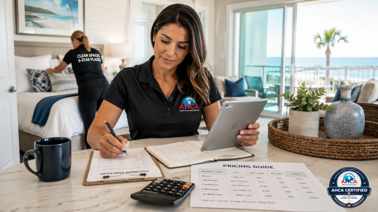Professional cleaner calculating pricing for Airbnb and short-term rental cleaning services