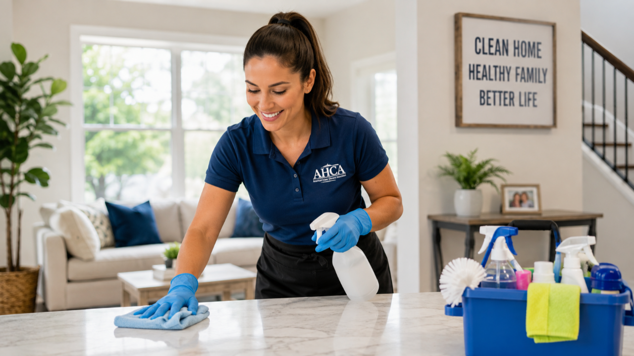 Professional house cleaner providing residential cleaning services in a home.
