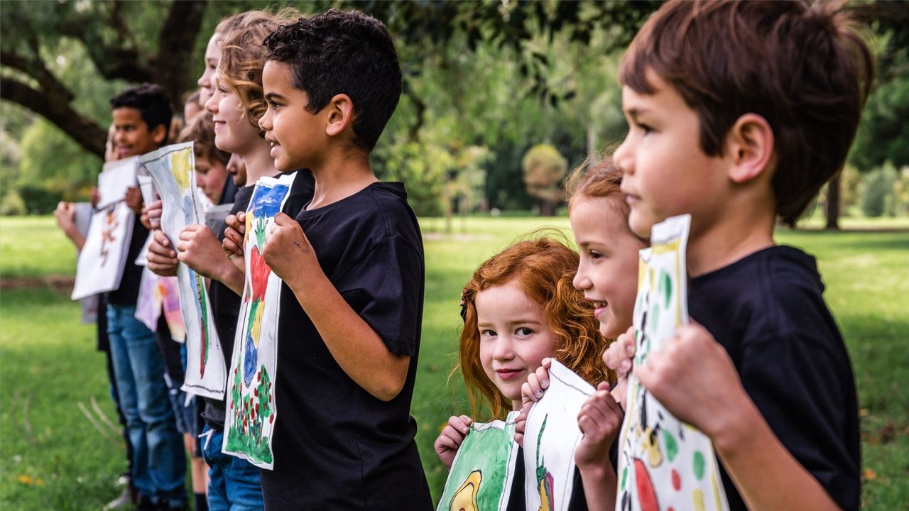 Children holding artwork outdoors during creative activity, showing social and emotional development through art for kids