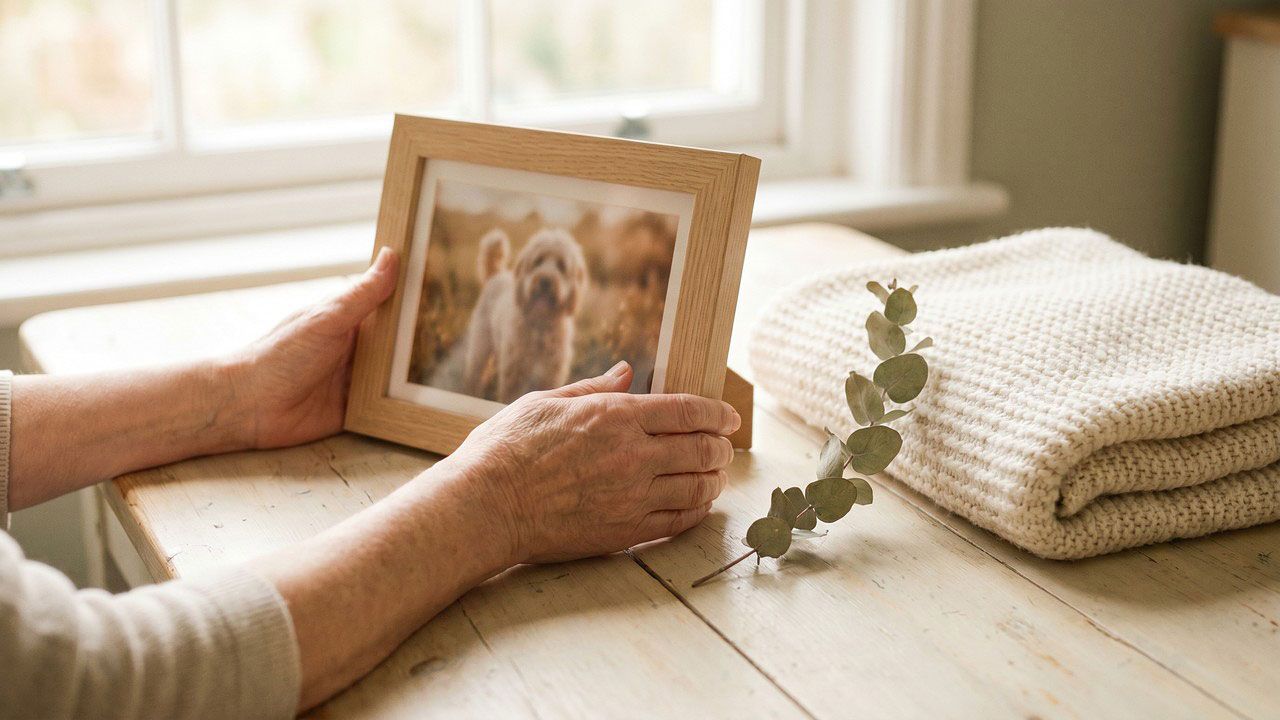 Animal Hospice Group - Guest Blogger, Nour, writes about "What to Do with the Photographs After Your Pet Is Gone," photo of someone sitting at a desk and holding a framed photo of their beloved dog.