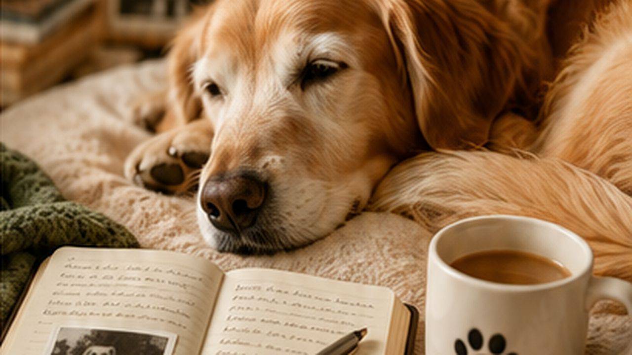 Animal Hospice Group - Guest Blogger, James Harrison, writes about "Preserving Your Pet’s Story During End-of-Life Care," image of an older Golden Retriever dog resting beside a memory journal, framed photo, and mug in a quiet home setting