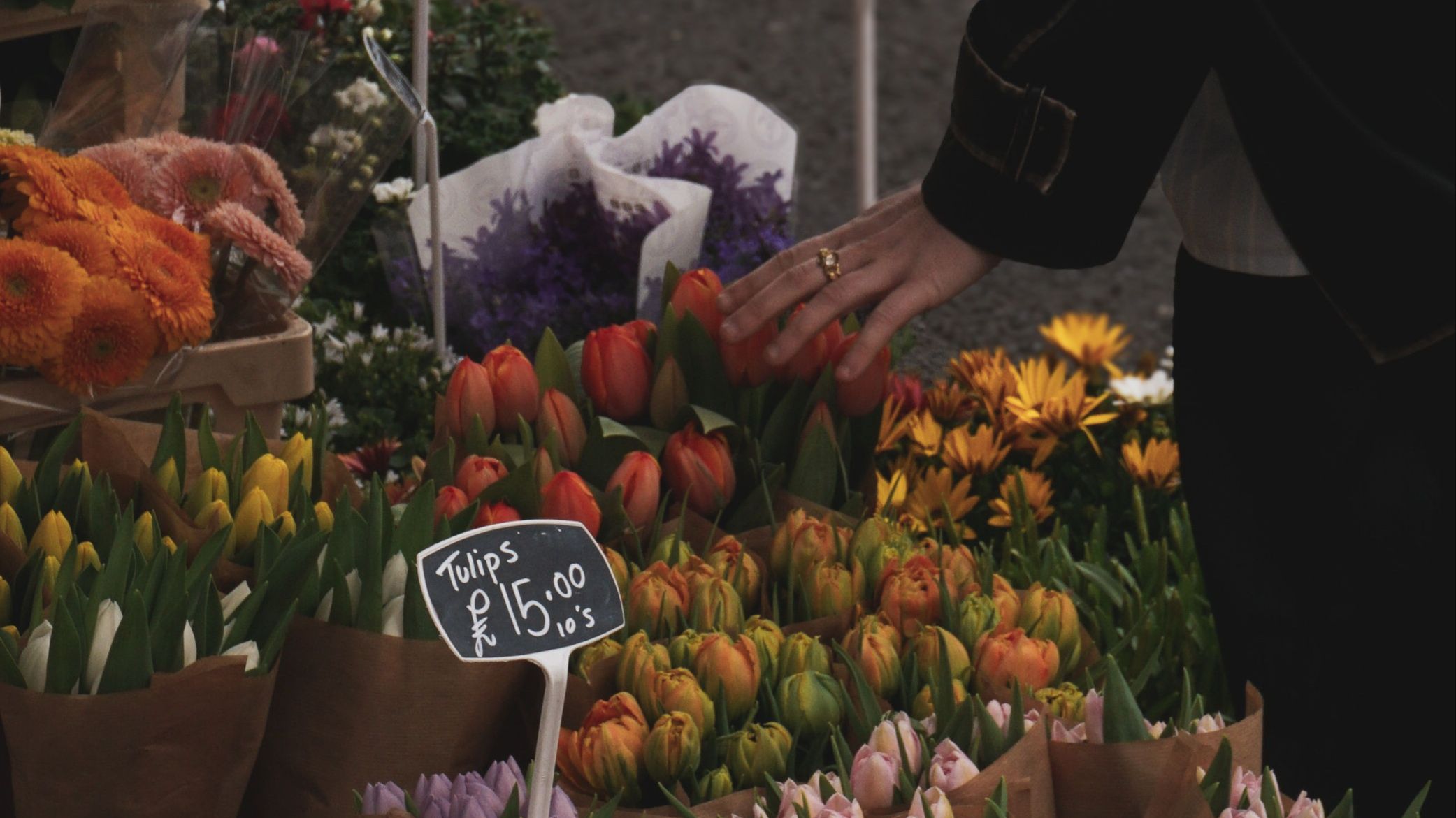 Person selecting fresh tulips at an urban flower market stand