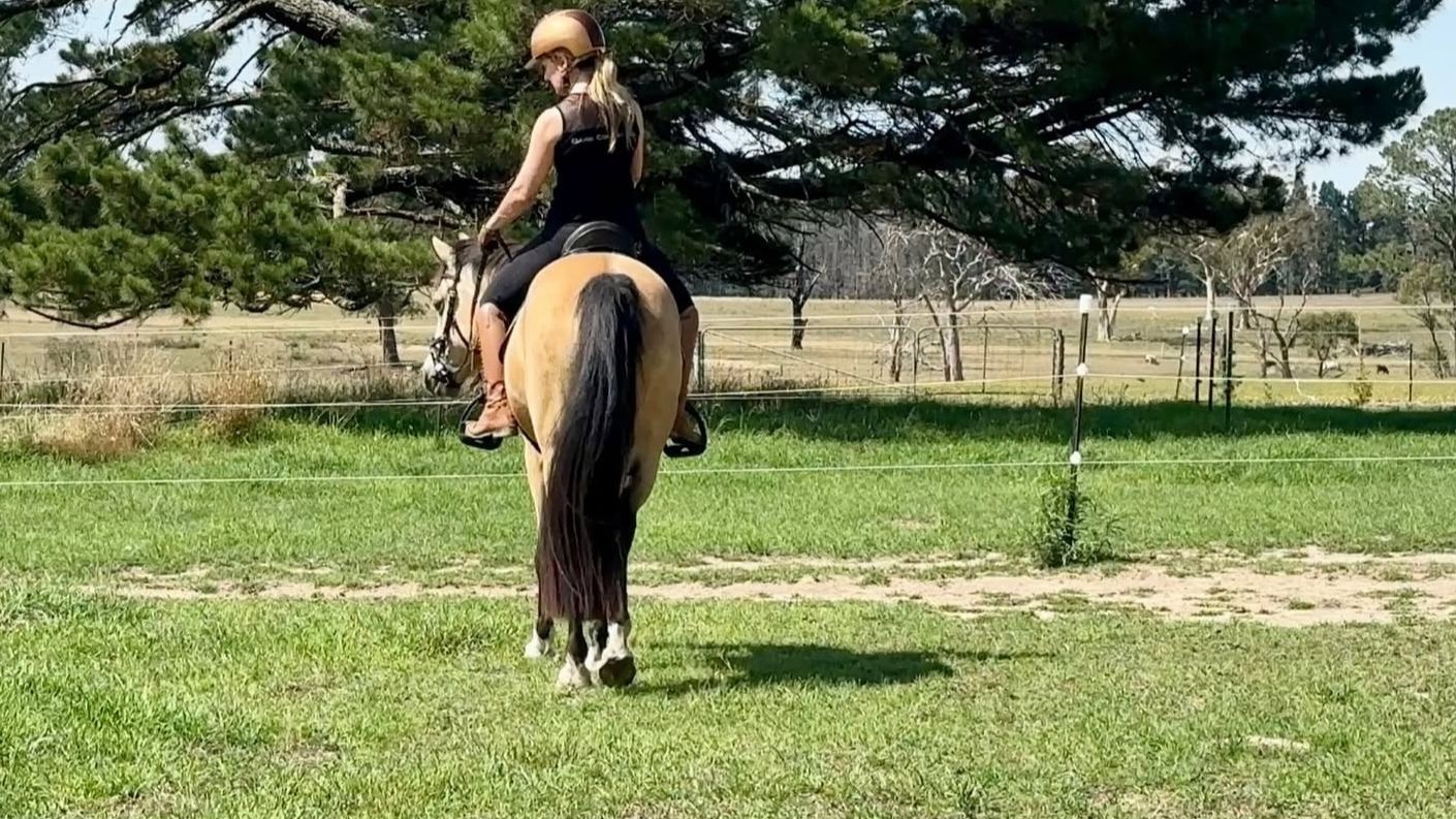 Performance Riders Sport Scientist Fiona Hargraves rides her horse away from the camera in a country setting.