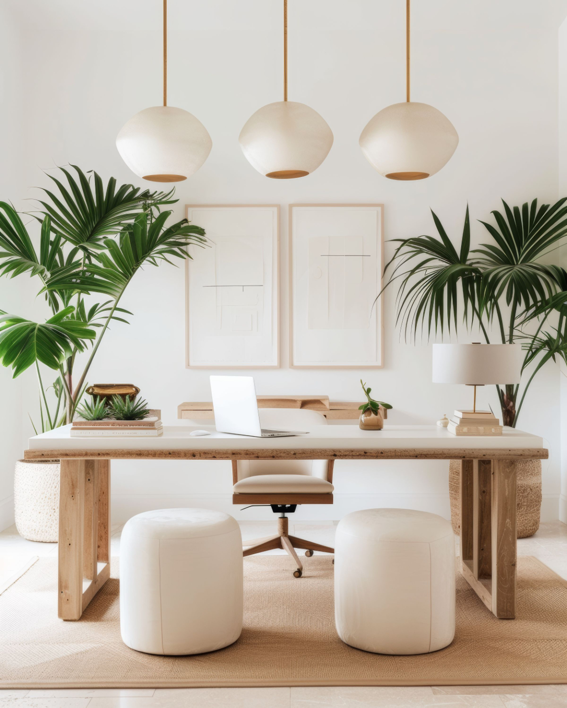 Modern home office setup with a natural wood desk, indoor plants, and minimalistic decor, creating an inspiring workspace.