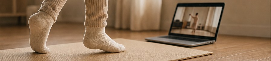 A child in socks on a mat at home, a ballet class on the laptop beside her
