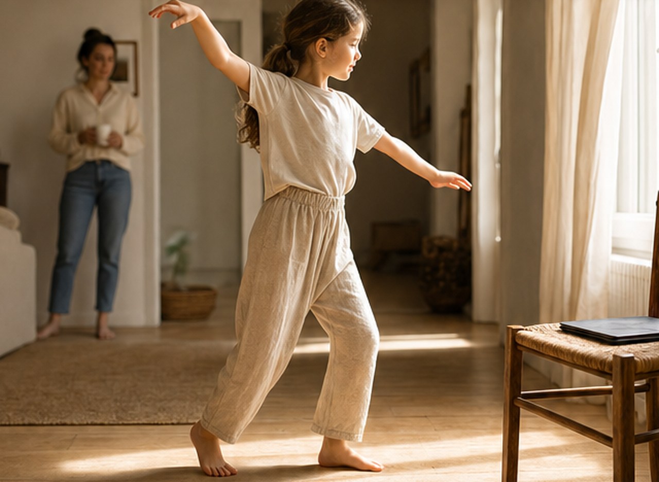 A girl dancing barefoot in a sunny living room while her mother watches