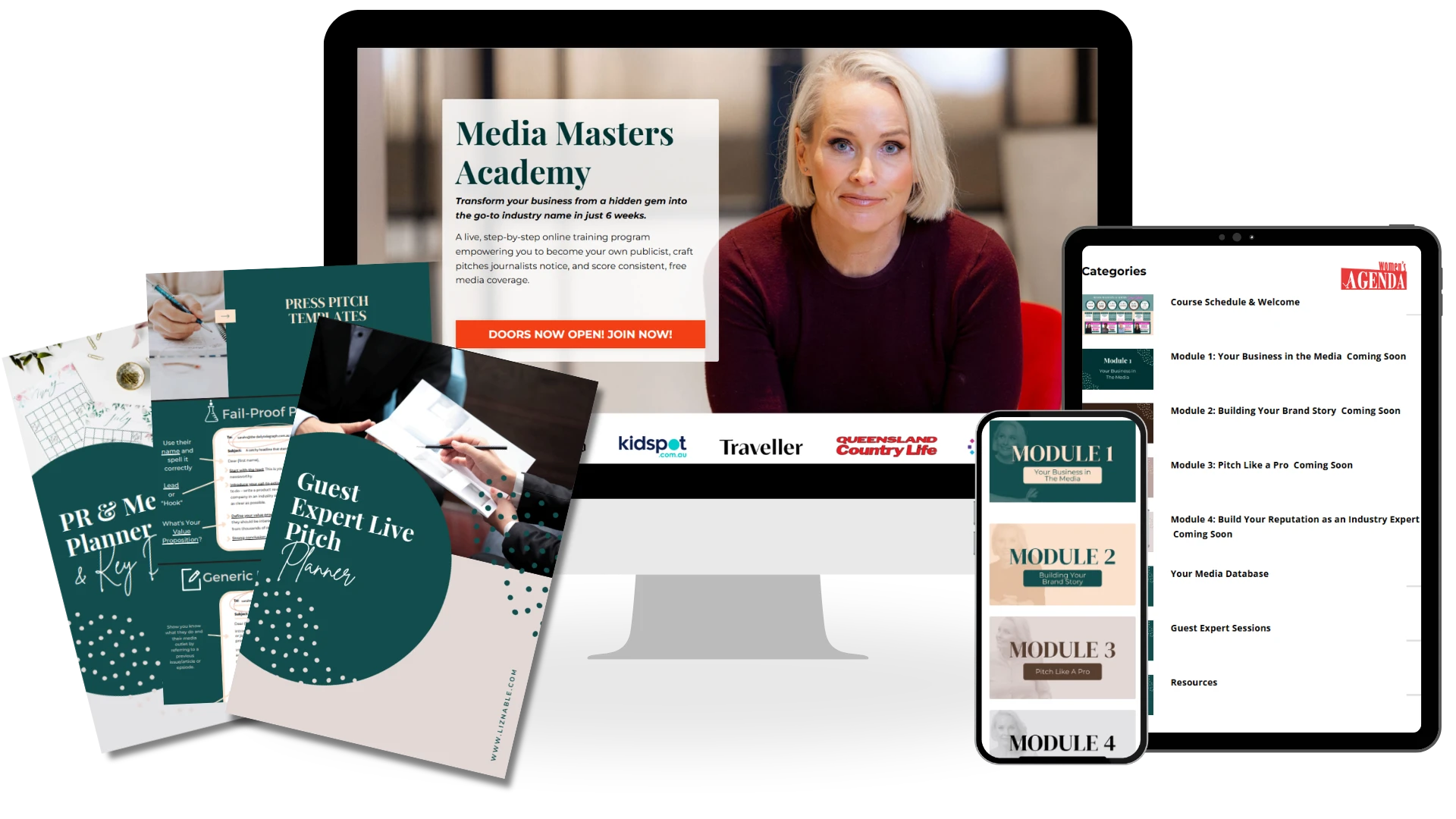 Inside Media Masters Academy: the course portal and the four modules on every device, the PR and Media Planner, press pitch templates and the Guest Expert Live Pitch Planner