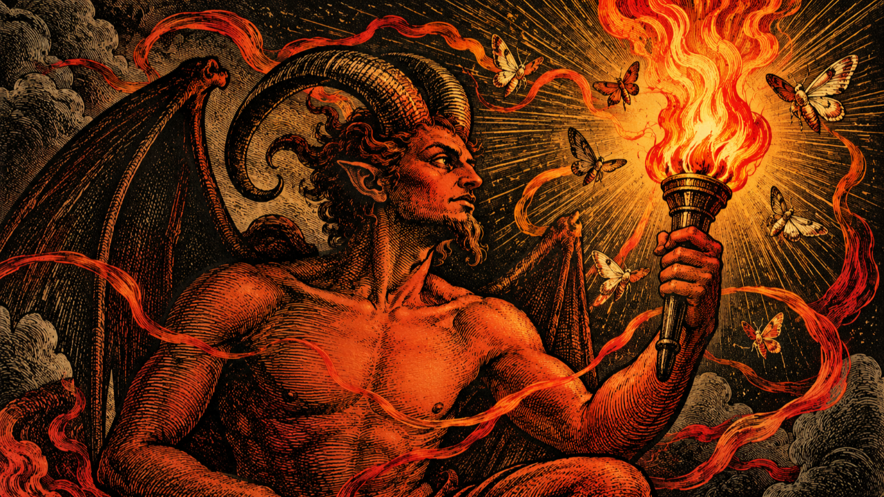 Le Diable du Tarot tenant une torche enflammée, symbole de passion, d’envoûtement et de vitalité.