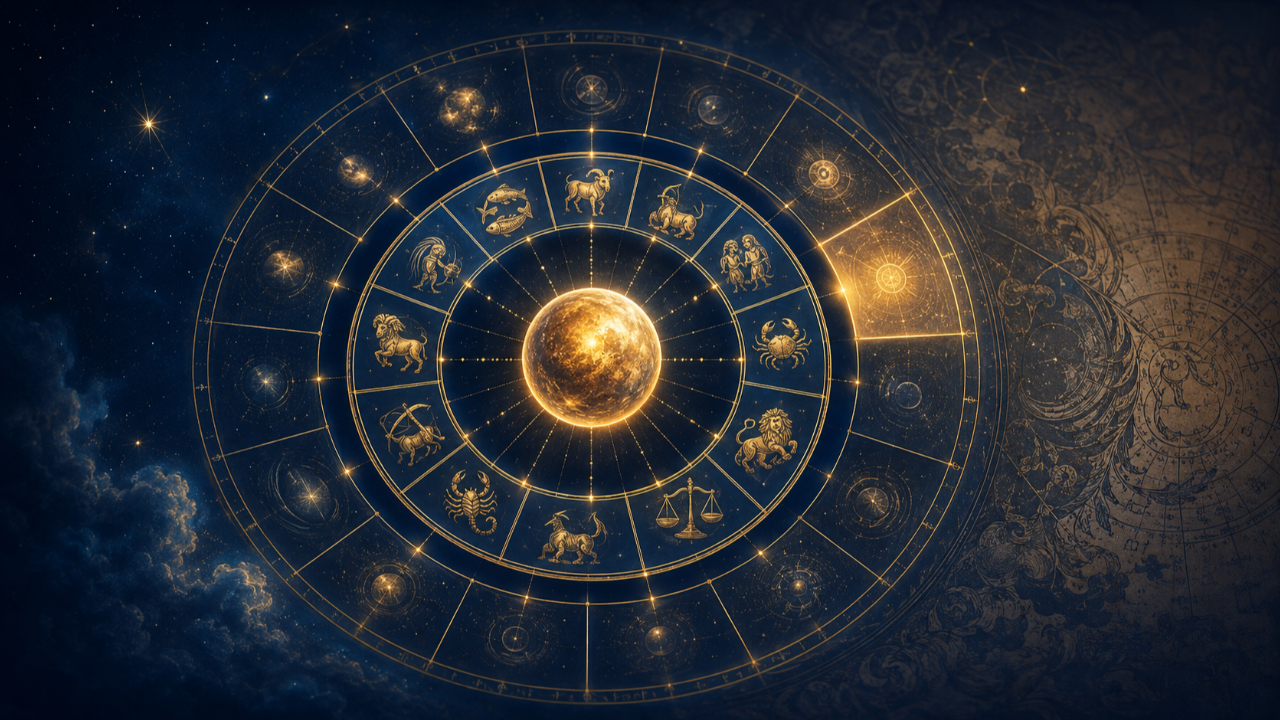 Planète au centre d’une roue astrologique dorée reliant les signes du zodiaque aux maisons astrologiques.