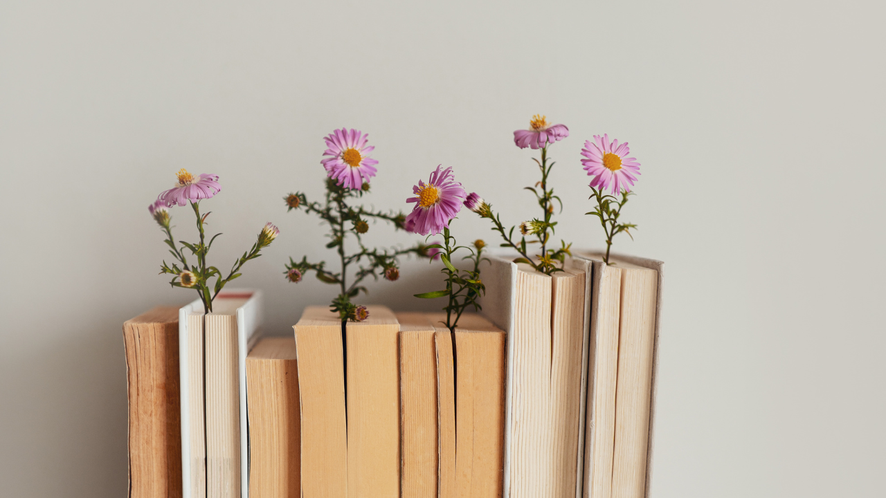 books with flowers coming out to represent wellness content ideas