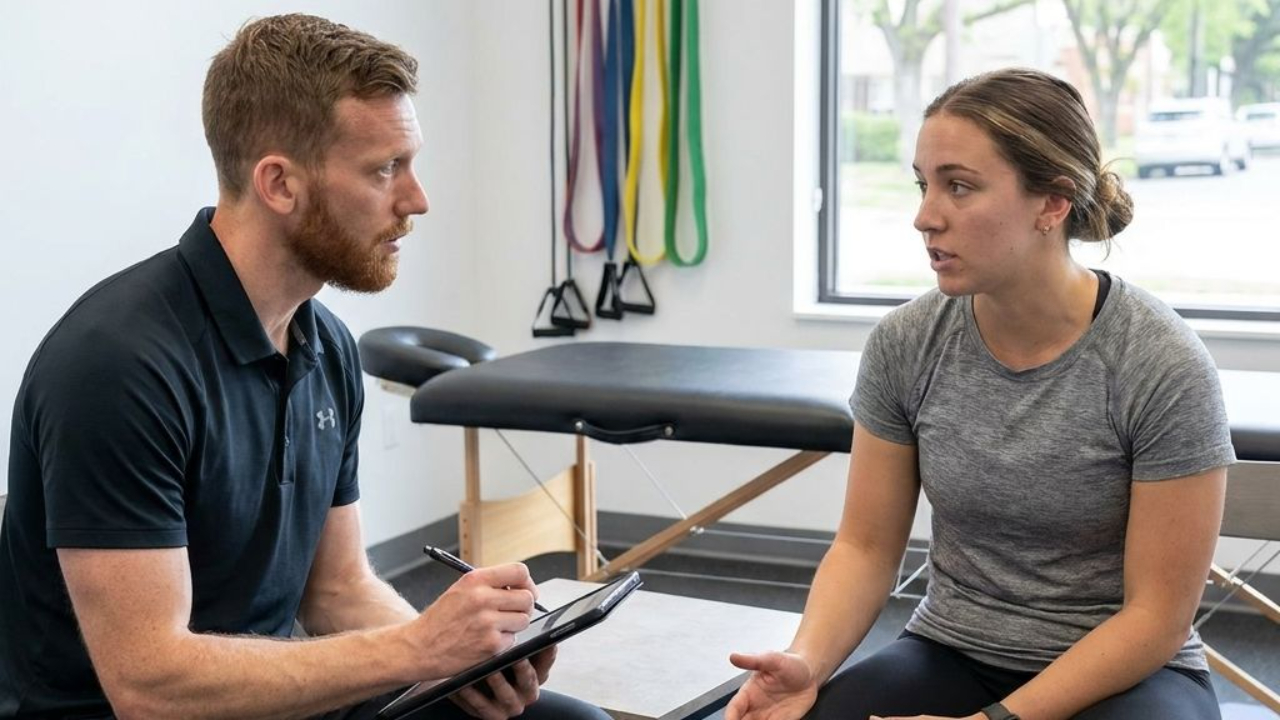Patient working with a provider at a sports physical therapy clinic in Columbus, OH during an initial performance evaluation
