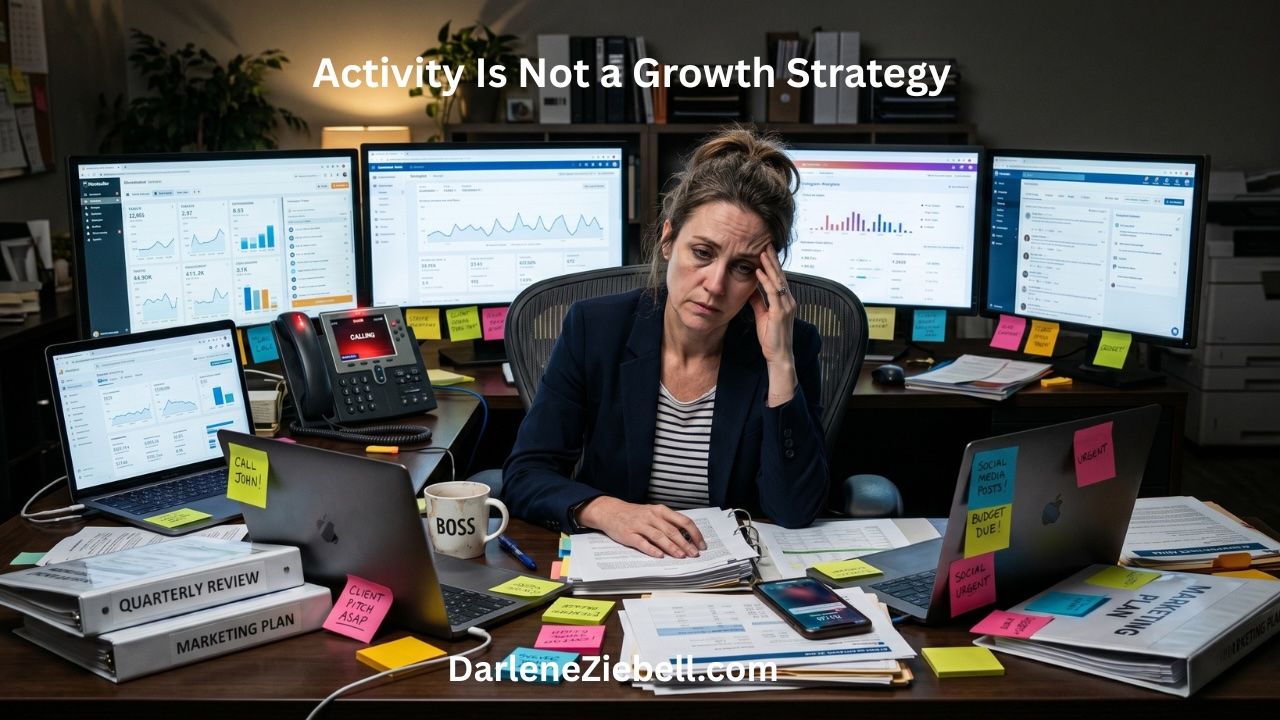 Overwhelmed business executive surrounded by laptops, paperwork, analytics dashboards, and nonstop activity while appearing stressed, symbolizing the illusion of productivity and the difference between being busy and achieving real business growth.
