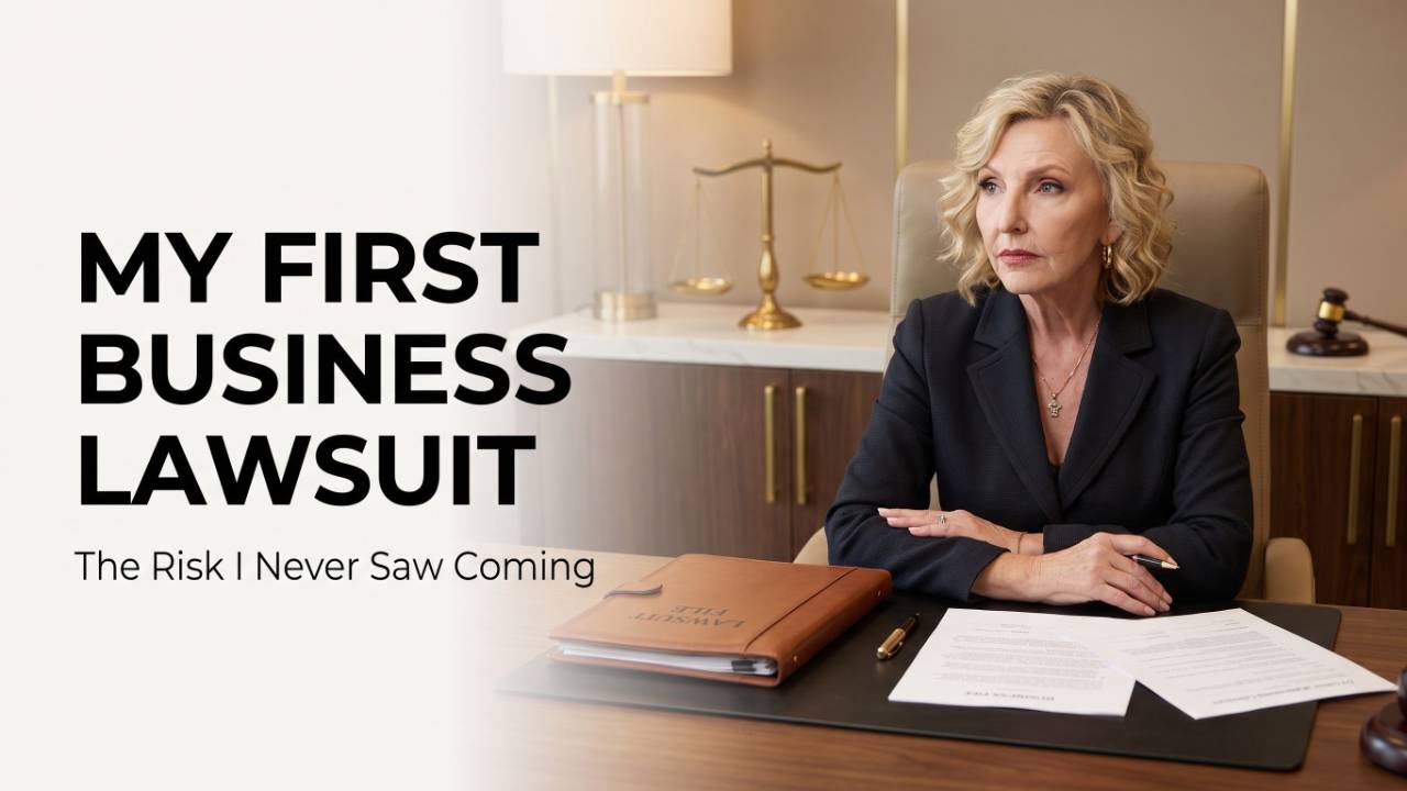 Darlene M. Ziebell at an executive desk with legal documents and scales of justice, reflecting on lessons from her first business lawsuit.