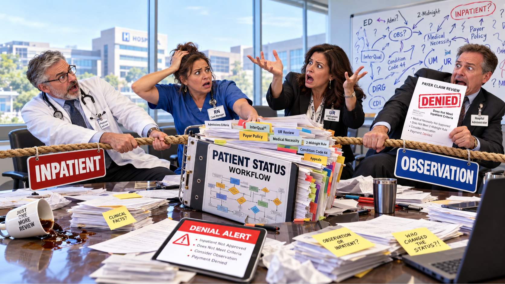 Hospital team caught in an inpatient versus observation patient-status tug-of-war while worried about a payer denial