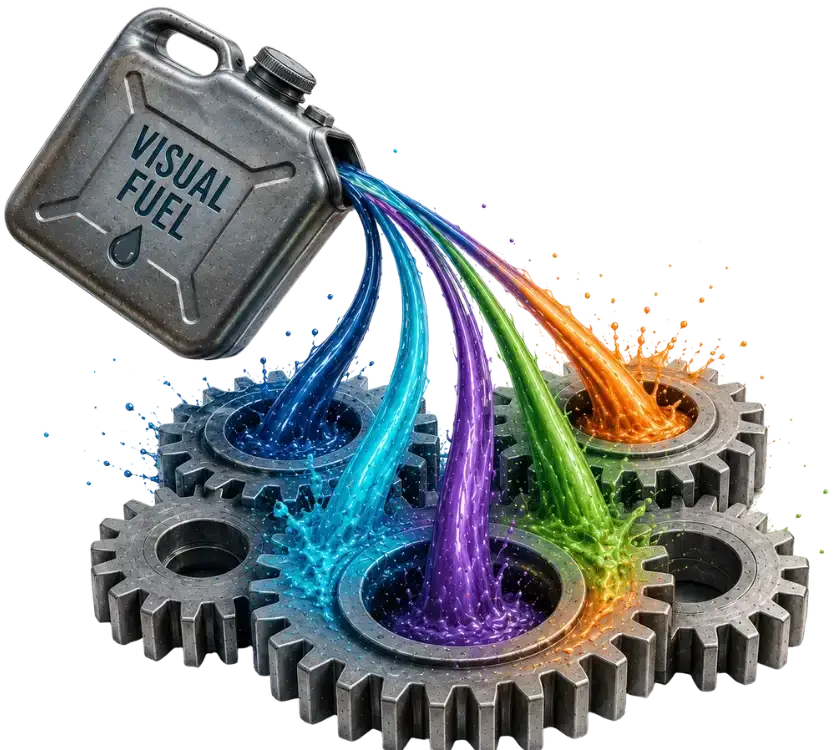 A metal can labeled &ldquo;Visual Fuel&rdquo; pours streams of vibrant blue, turquoise, purple, green and orange liquid into interlocking gears, symbolizing strategic visual branding fueling and strengthening the different parts of a business.