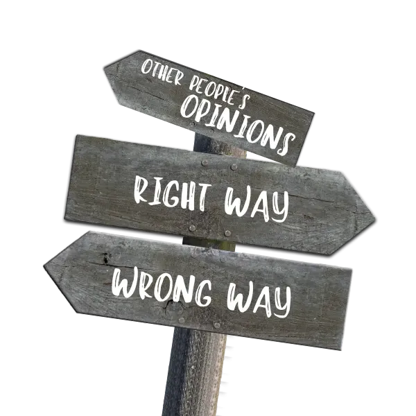 Rustic wooden signpost with directional arrows labeled &ldquo;Right Way&rdquo; and &ldquo;Wrong Way,&rdquo; topped by a smaller sign reading &ldquo;Other People&rsquo;s Opinions,&rdquo; symbolizing conflicting advice and the challenge of choosing the right path in business or decision-making.