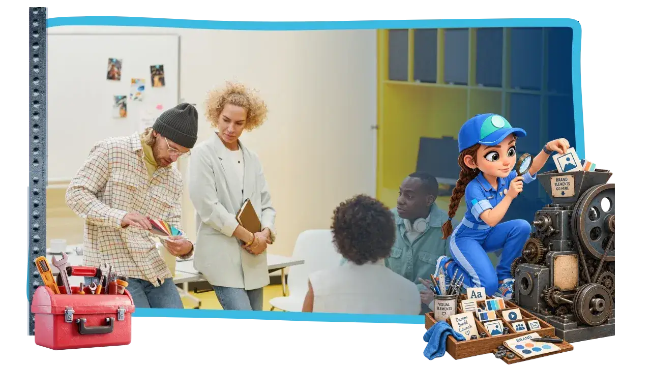 A creative team works with visual brand materials while a cartoon mechanic carefully selects colors, typography, images and other brand elements and feeds them into a complex machine, symbolizing the intentional application of strategic visual branding throughout a business.